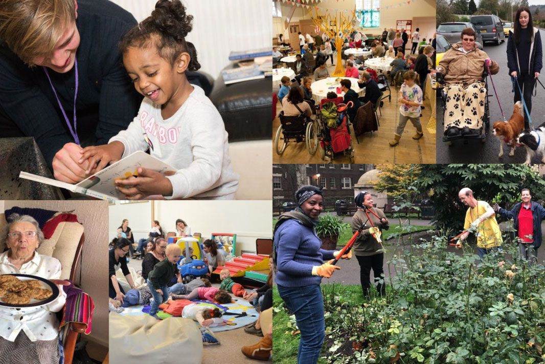 An adult helping a child to read; a person in a wheelchair walking their dog; people gardening; people having a party and an older woman with a plate of cookies